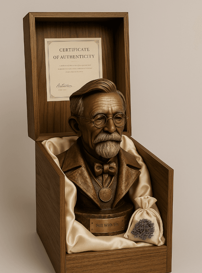 Bronze portrait urn presented in a premium wooden display box