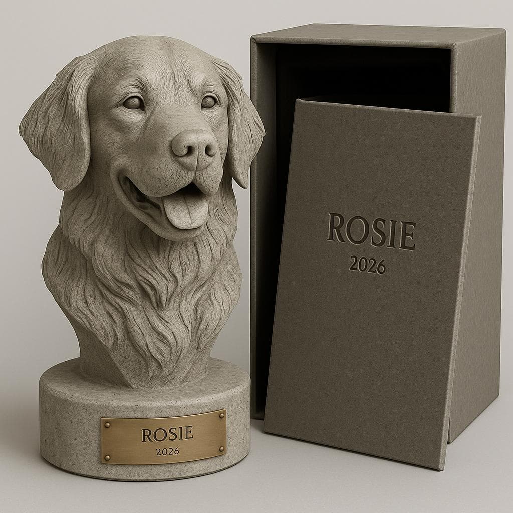 Pet portrait urn example with presentation box